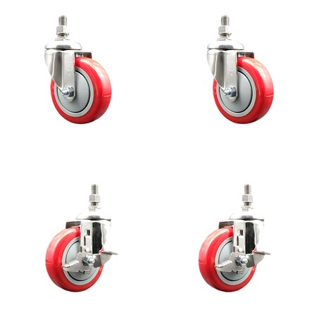 Service Caster 4 Inch 316SS Red Polyurethane Swivel 10mm Threaded Stem Caster Brake, 2PK SS316TS20S414-PPUB-RED-M1015-2-TLB-2